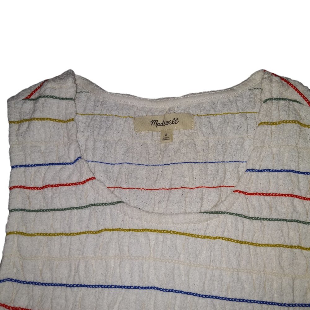 Madewell Rainbow Multicolor Embroidered Striped Rouched Cream Tank Top - Picture 2 of 2